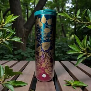Starbucks Fall Teal Berry Rose Stainless Steel Insulated Tumbler Floral Gold EUC